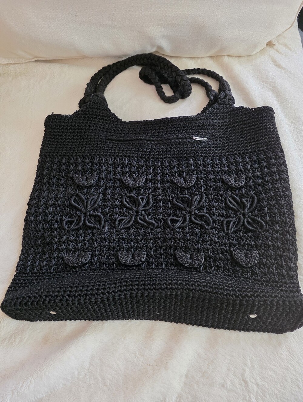 Large Black Corded Crochet/tote Purse/Zip Top/over Shoulder